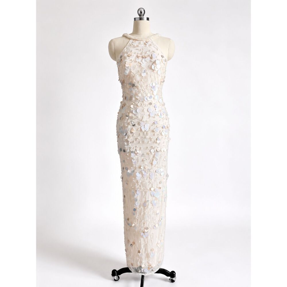 Mac Duggal Porcelain Crystal Embellished Cascade Open Back Gown Size 2 10878